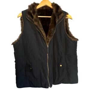 Charter Club Reversible Faux Fur Vest Size Large Black Brown Cozy Winter Layer